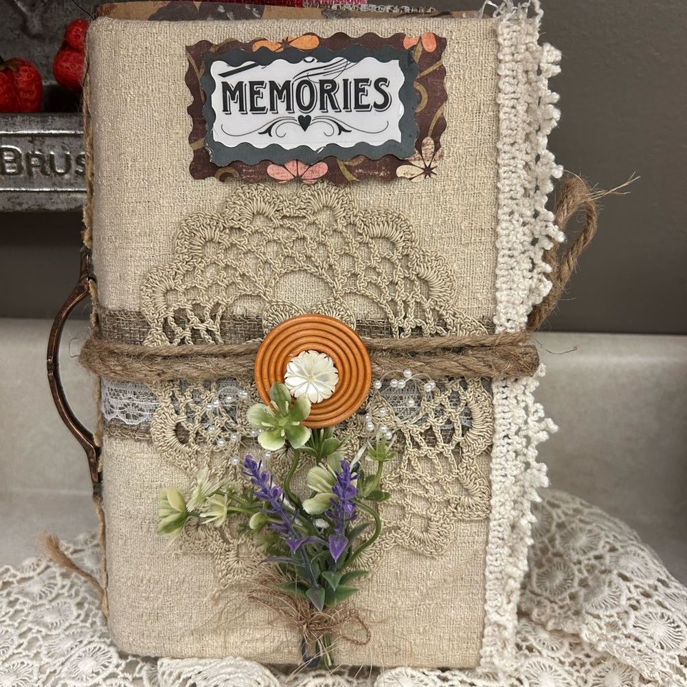 Handmade Rustic 'Memories' Burlap JUNK JOURNAL w Lace & Floral Accent